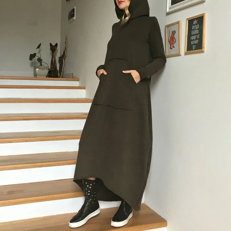 Осенне-зимнее платье VONDA, женский свитер, пуловер, Повседневный, свободный, с карманами, с длинным рукавом, платье с капюшоном размера плюс, Vestidos 5XL