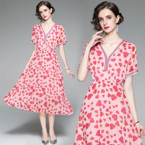 

Gezelligheid Dresses For Women 2021 Summer New Fashion Elegant Love Print Female Temperament French V-Neck Party Slim Midi Dress
