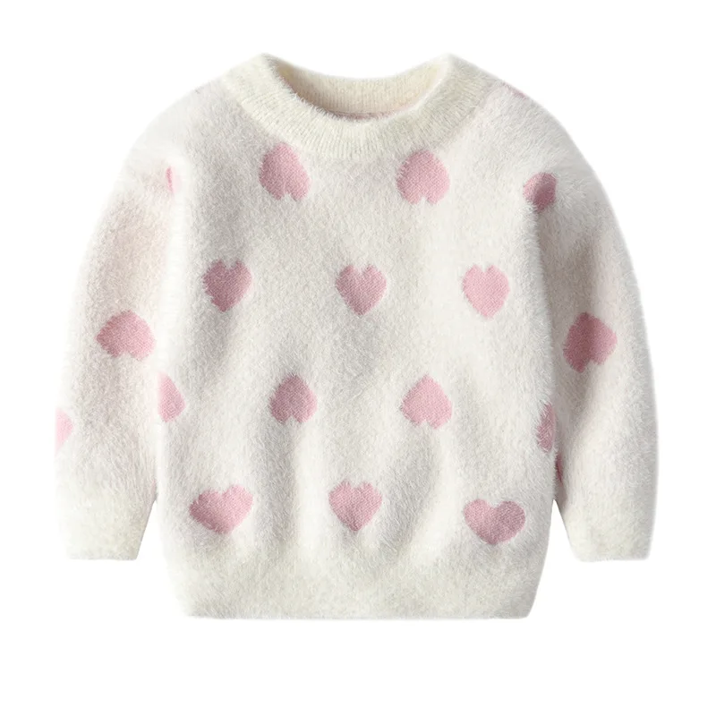 

New Heart-shaped Print Girls' Sweaters Winter Wear New Imitation Mink Jacket Sweater 3-8 Year Baby Warm Coat Kids Sweaters
