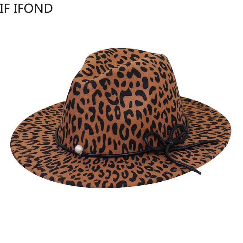 Модный Леопардовый принт Шляпа с широкими полями шляпы-федора шляпа винтажное
