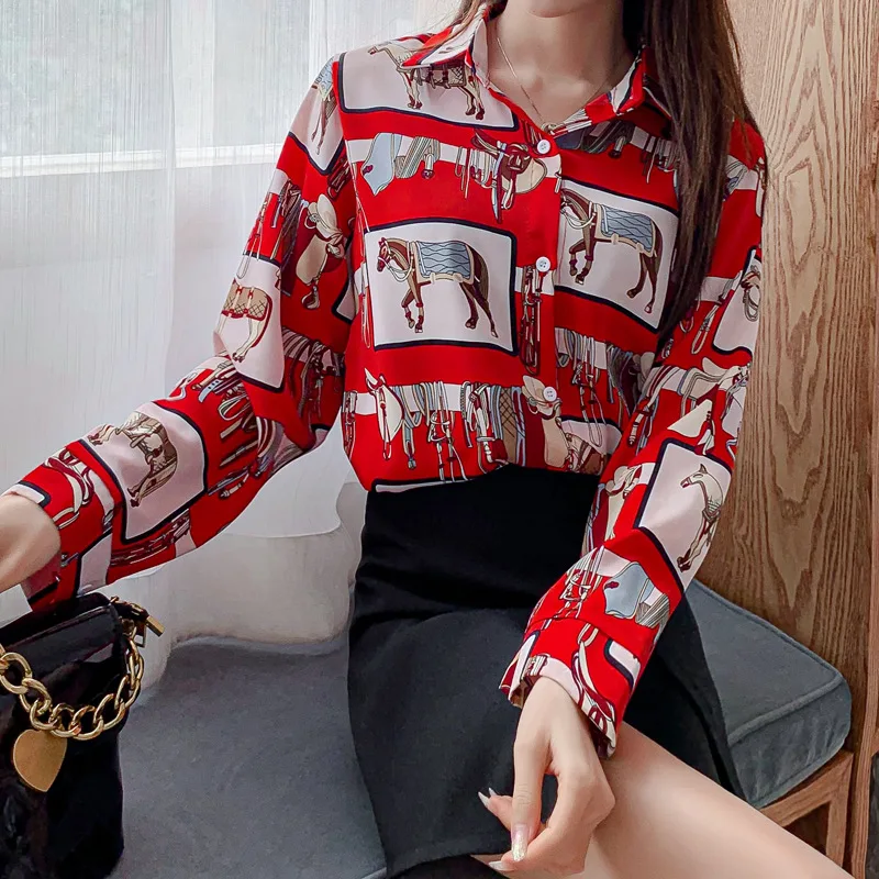 

YOMING YM1013 spring women Blouses vintage streetwear casual loose Stretchy elastic shirts Turn Down Collar Long Sleeve Shirt