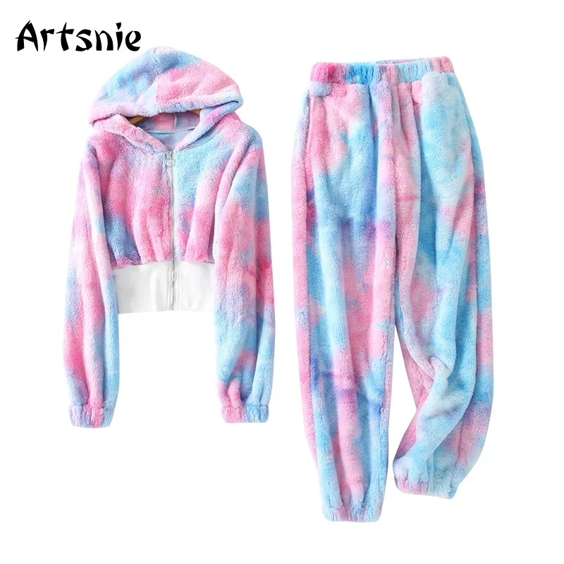 

Artsnie Winter Warm Two Piece Set Women Fleece Hooded Sweatshirts High Waist Pants Tracksuit Pajama Sleepwear Two Piece Set