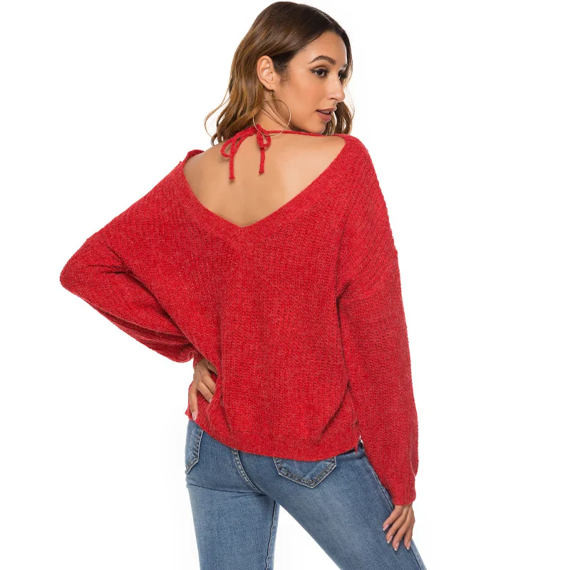 

Autumn/winter 2019 halter sexy v-neck long sleeve pullover sweater loose solid color women's sweater WSW94