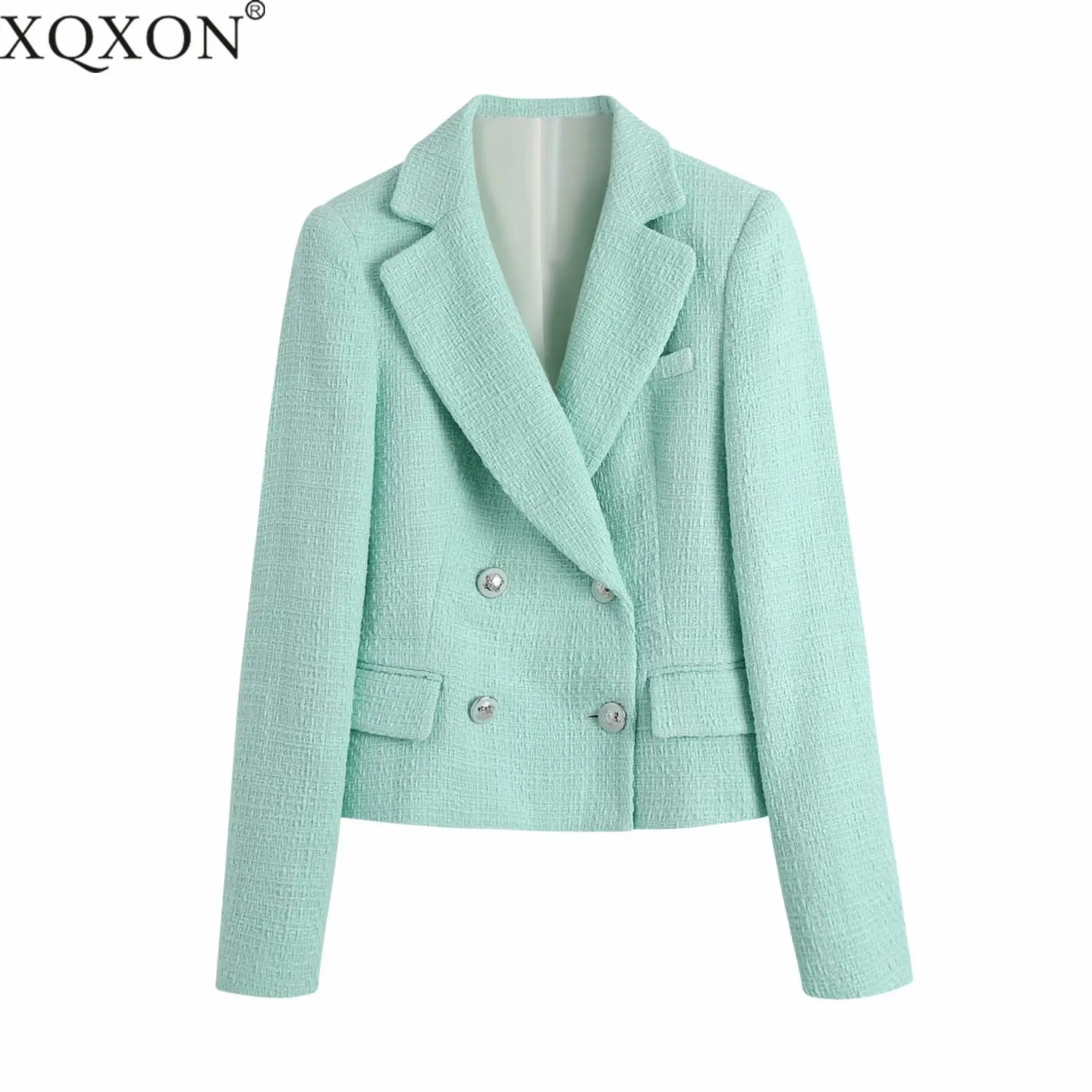 

Fall Women 2021 Fashion Double Breasted Cropped Tweed Blazer Coat Vintage Long Sleeve Pockets Female Outerwear Chic Veste