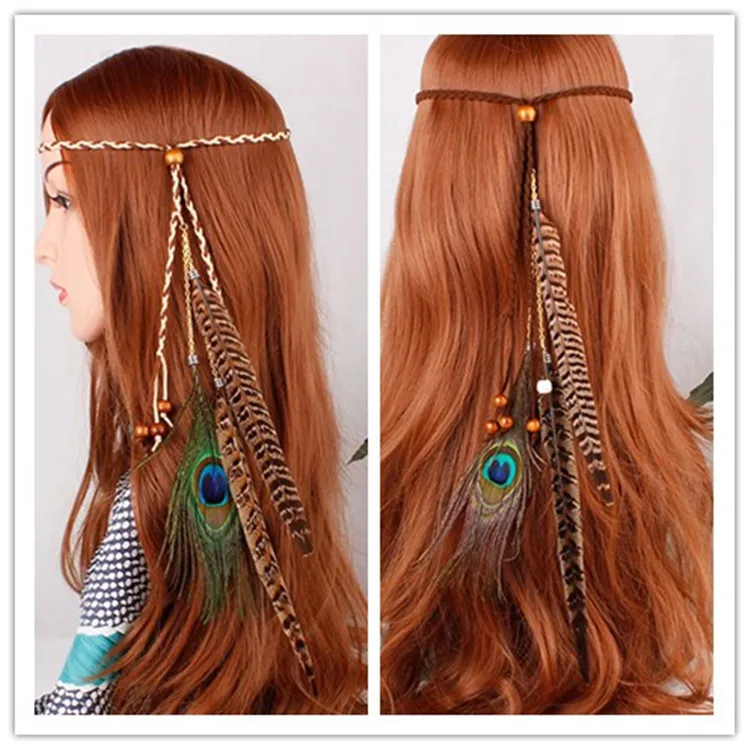 Ручной Бархатный ободок с перьями павлина в индийском Корейском стиле