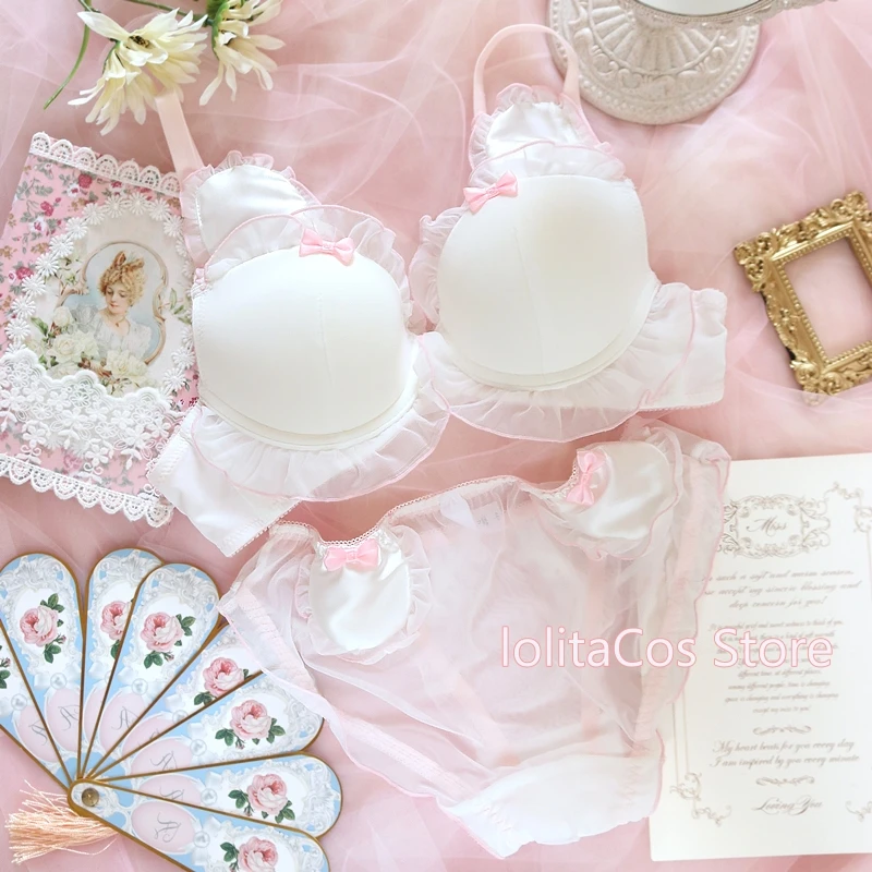 Sexy Cute Princess Bear Ear Underwear Set Japanese Soft Girl Kawaii Pink White Underwire Push Up Bra & Panties Lingerie Suit