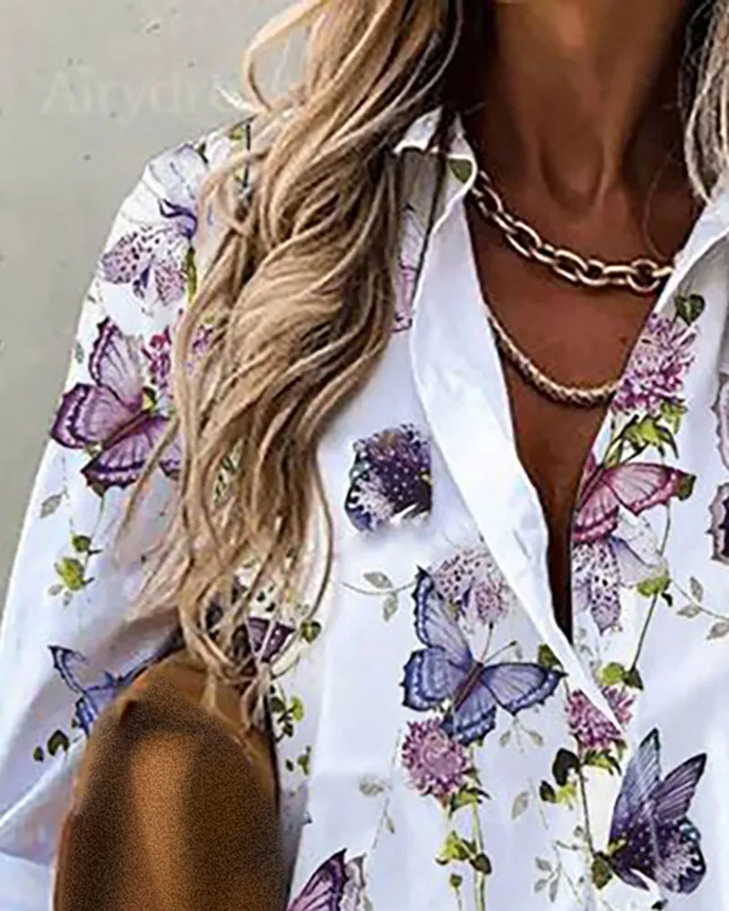 

Butterfly Floral Print Pocket Design Long Sleeve Shirt