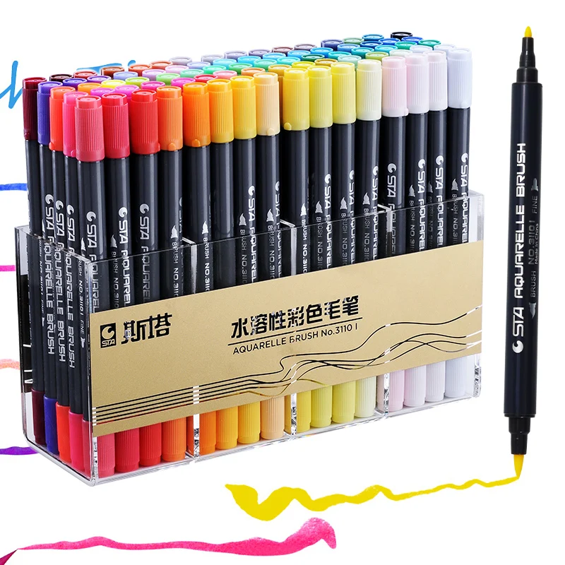 STA 12/24/36/48/80 Colors Dual Tips Watercolor Brush Marker Pen Set with Fineliner Tip For Drawing Design Art Supplies | Канцтовары для