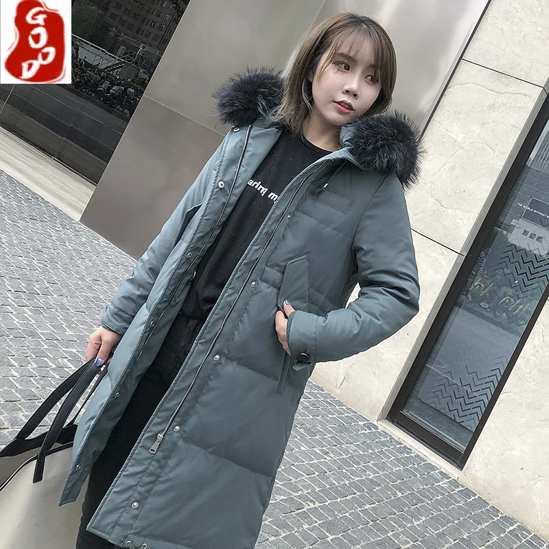 

Зимняя куртка на утином пуху, женское длинное пальто, женская куртка, одежда, женское теплое пальто с большим капюшоном из меха енота, LW1724