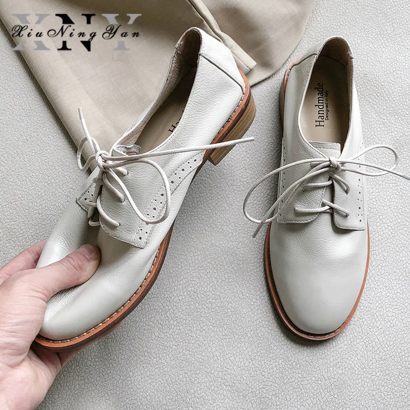 

XiuNingYan Luxury Shoes Woman Brand Super Soft Genuine Leather Women's Flat Shoes Lace-up Fashion Handmade Women Casual Oxfords
