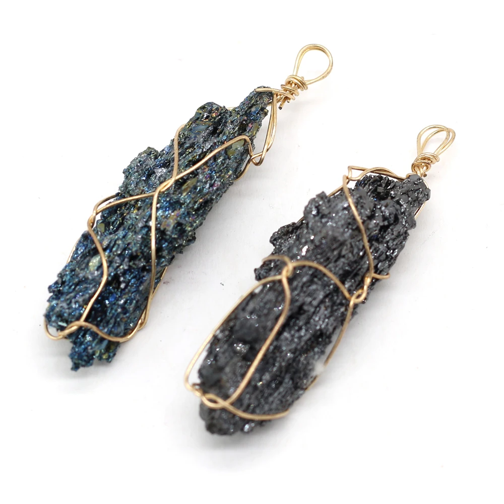 

Natural Stone Pendant Irregular Black Winding Gold Wire Pendant for Making DIYJewelry Necklaces Accessories Size 15x45-15x65mm