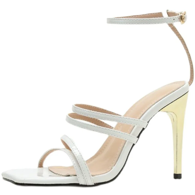 

Fashion Womens Shoes 2021 Gold Sandals Suit Female Beige Buckle Strap High Heels Square Toe Luxury Stiletto New Black High-heele