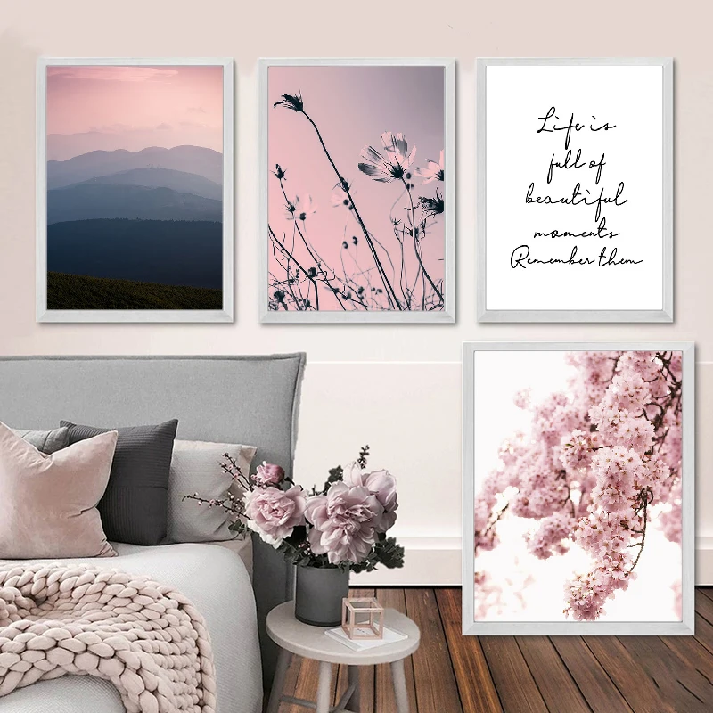 Постер в скандинавском стиле с изображением цветущего вишневого неба и птицы