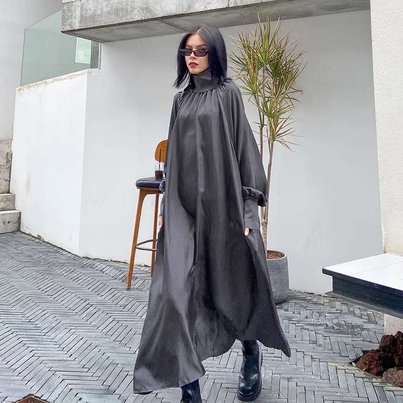 

QING MO 2021 Autumn Fashion New Women Dress Loose Large Size Solid Color Thin High Neck Dress Trend Long Sleeved Dress ZWL218