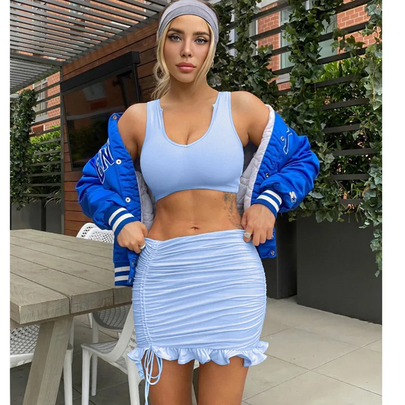 DGIRL Сексуальные облегающие топы спортивный костюм с рюшами и плиссированная юбка