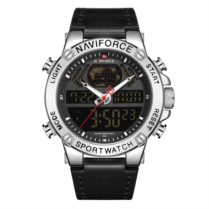 silver NAVIFORCE новые мужские часы Топ люксовый бренд кожа водонепроницаемые мужские спортивные часы кварцевые аналоговые цифровые часы мужские Relogio Masculino - Цвет: silver