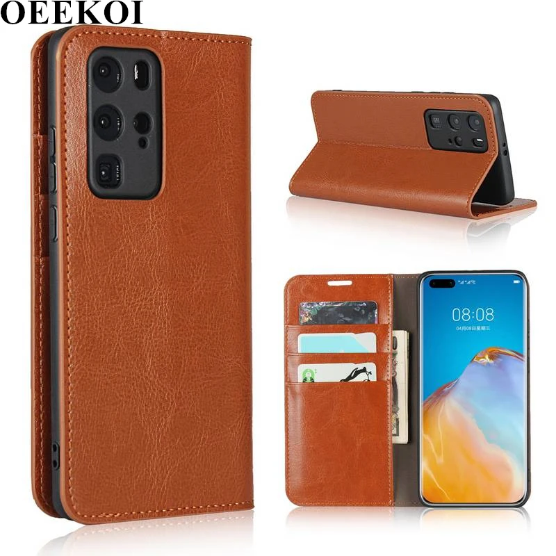 

OEEKOI Crazy Horse Genuine Leather Wallet Flip Case for Huawei P40 Pro