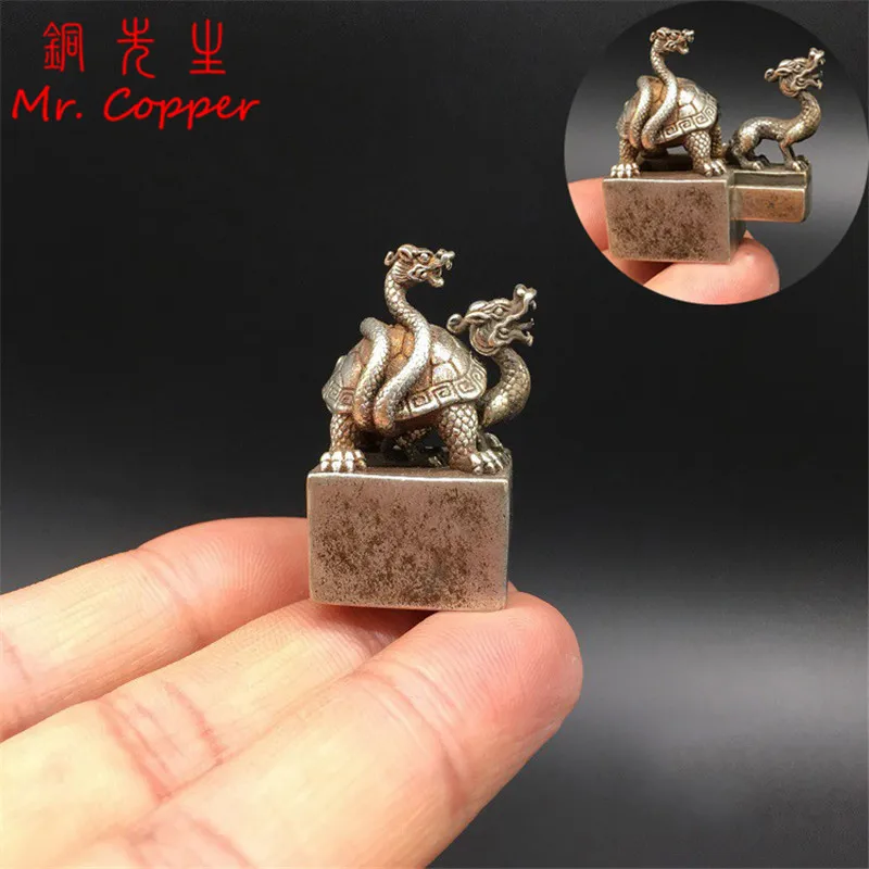 Antique Bronze Snake Dragon Turtle Seal Statue Chinese Mythical Animal Xuan Wu Ornaments Copper Figurines Desk Decorations Craft