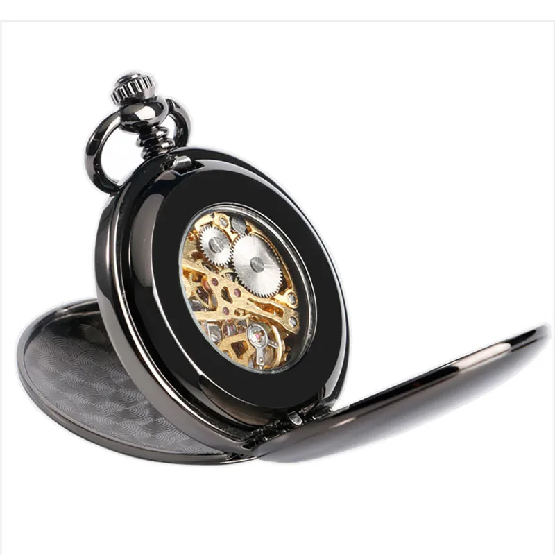 Antique Full Black Smooth Case Unisex Pocket Watch Skeleton Handwind Mechanical Clock Double Hunter Pendant Chain Roman Number