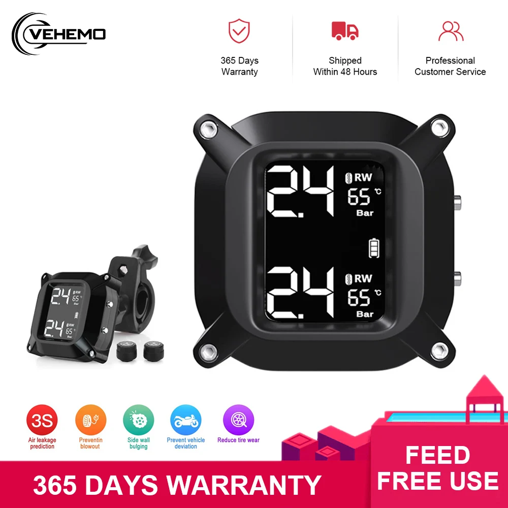 Беспроводные датчики давления в шинах VEHEMO для мотоциклов TPMS 2 внешних датчика
