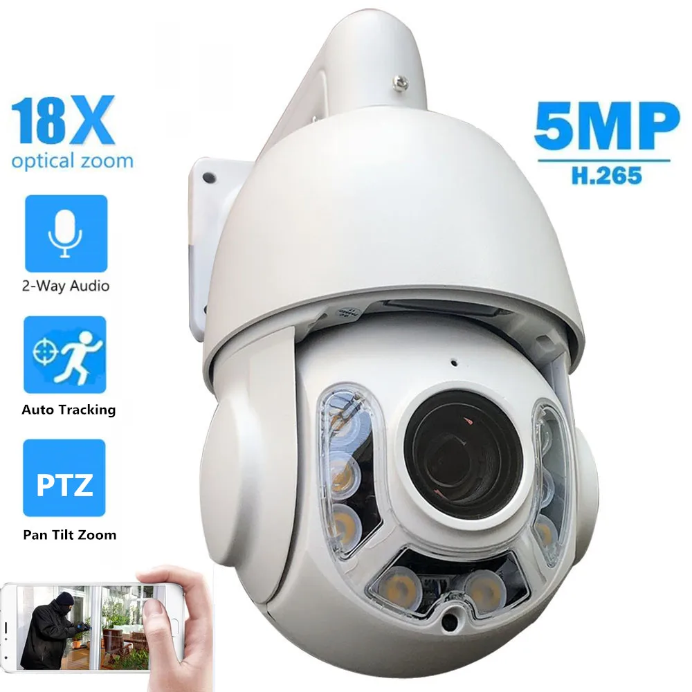 

1080P Auto Tracking 5MP IP Camera PTZ Speed Dome 18X Optical Zoom Two Way Audio Speaker H.265 Automatic Cruise Phone Remote View