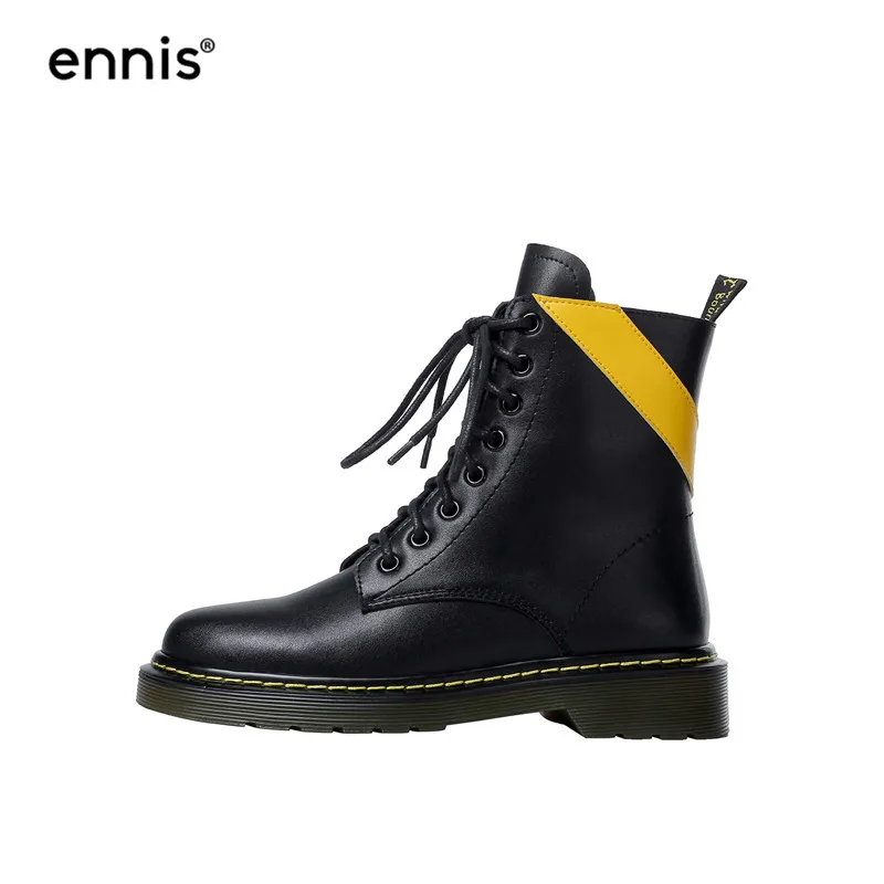 Black S ENNIS/брендовые Черные Ботинки martin; женские ботильоны из натуральной кожи; Винтажные ботинки на шнуровке на платформе; обувь желтого цвета на плоской подошве; сезон осень; A9199 - Цвет: Black S