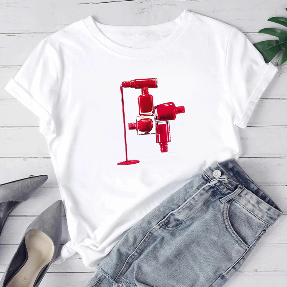 

Korean Trend Versatile T-shirt Makeup Print Fashion Streetwear Tops High Quality Hipster Round Neck Short Sleeve Tshirt