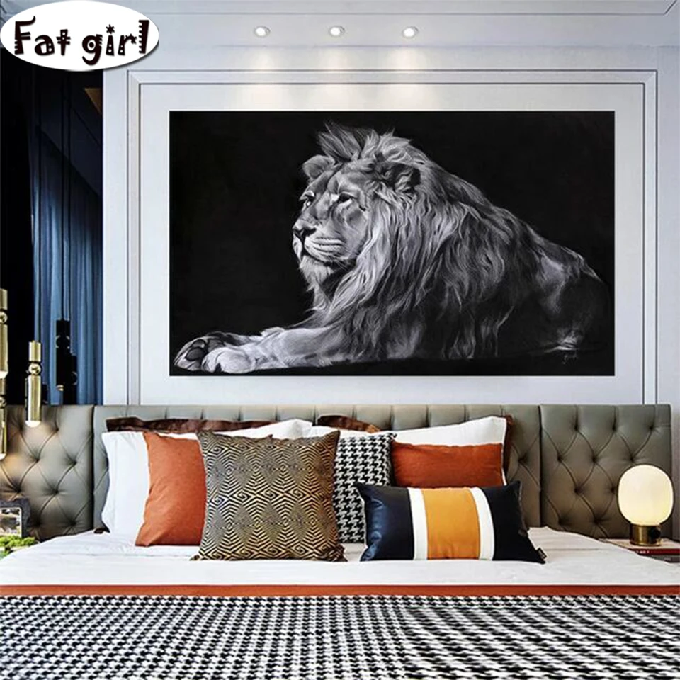 5d diy diamond painting wild animal Black and white lion mosaic cross stitch  embroidery Home Decoration square round drill