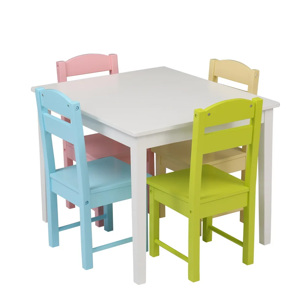 

Children Wooden Table Chair Set Colorful One Table Four Chairs Kids Eating Reading Books Coloring Arts Crafts Playing Games Desk
