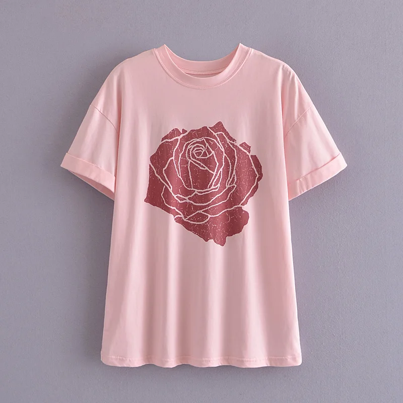 

Женские розовые футболки с принтом роз, повседневные женские топы с рукавами