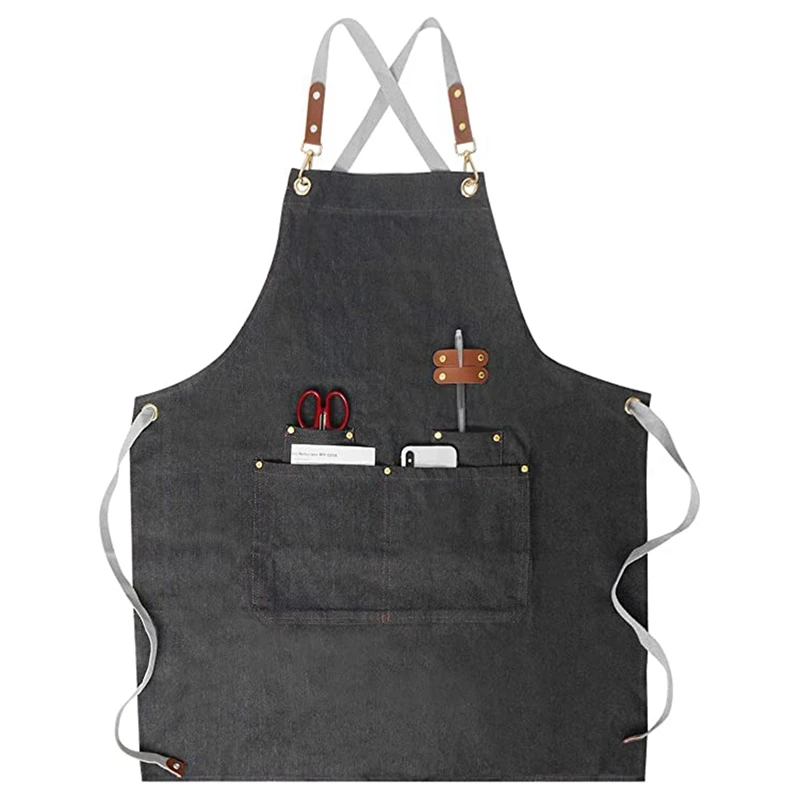 

Chef Apron,Women Men Denim Apron Adjustable Leather Straps