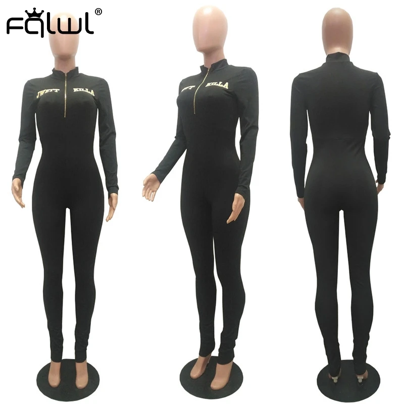 FQLWL Letter Print Streetwear Sexy Black Rompers Womens Jumpsuit Female Zipper Long Sleeve Bodycon One Piece Women 2020 | Женская одежда