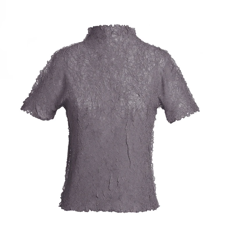 

GALCAUR Pleated Chiffon T Shirt For Women Turtleneck Short Sleeve Casual Ruched Solid Blue T Shirts Female 2021 Summer Clothing