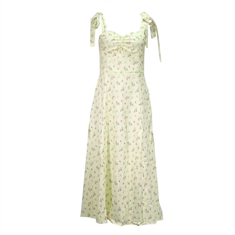 

Women dress Summer Sling Sleeveless slit Dress New Cotton retro mid-length Skirt Sexy ladies Print dress Female dress