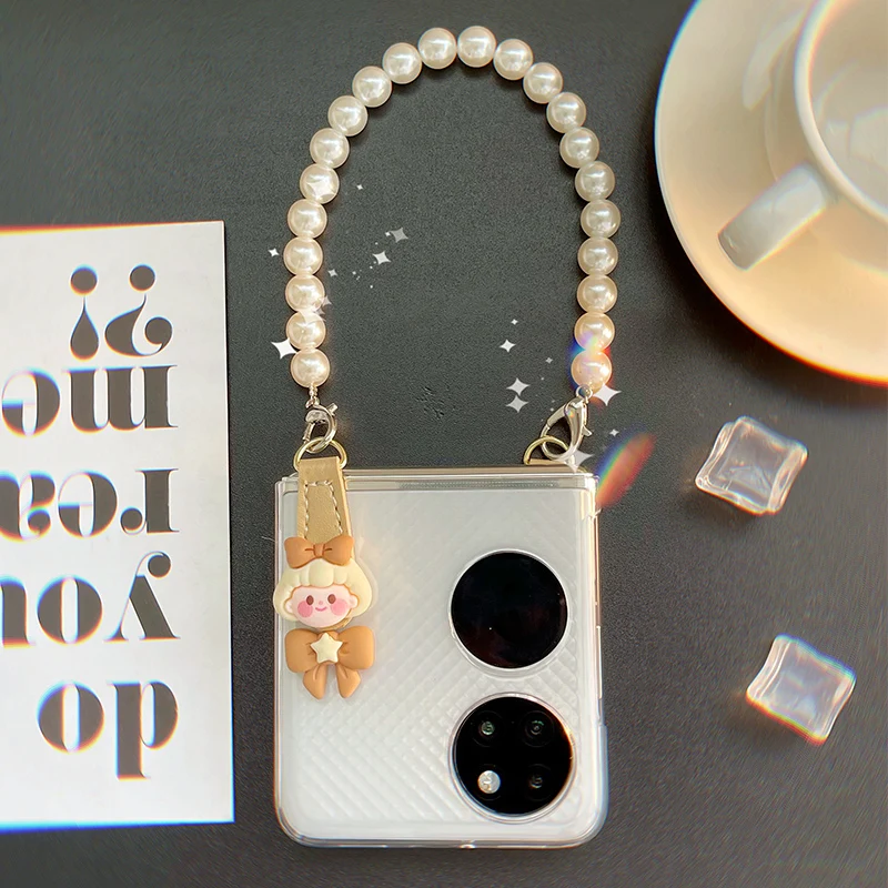 

Pearl Bracelet Cute Girl Phone Case For Huawei p50pocket Hand Chain Clear Shell Case P50 Pocket Cover Fundas