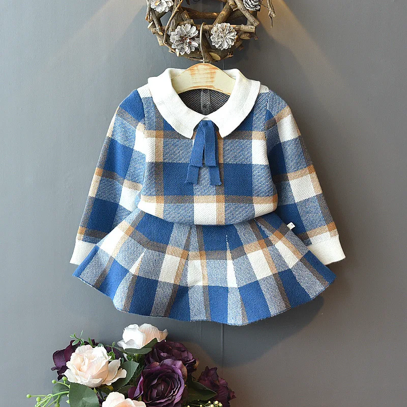 

Baby Girls Clothes Autumn Winter Kids Clothes Girls Set Lattice Knitting+Skirt Tracksuit Suit For Toddler Girls Children Clothes