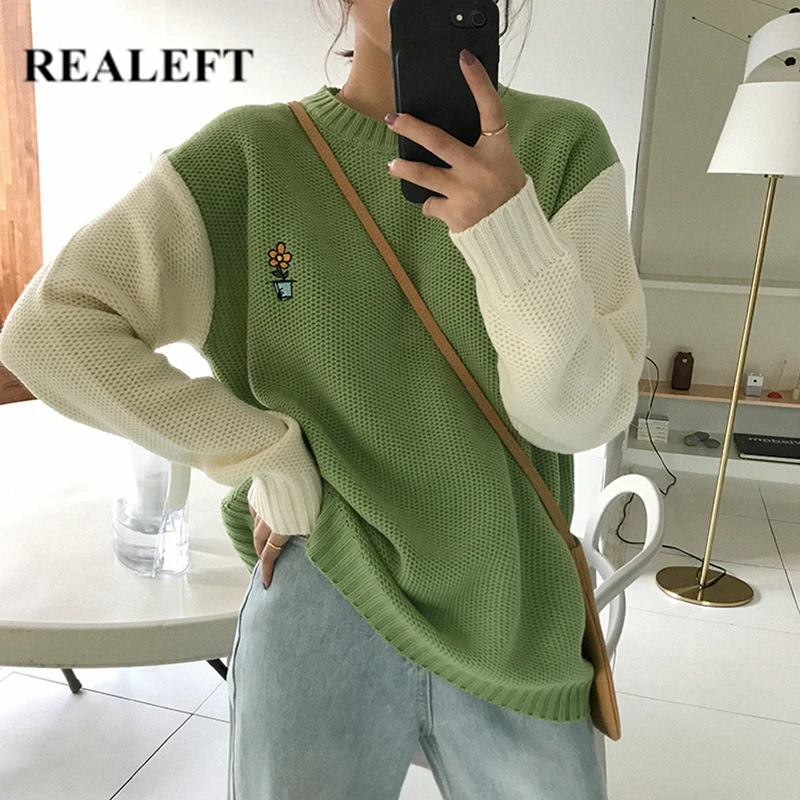 REALEFT/осенне-зимние теплые женские свитера с круглым вырезом и вышивкой пуловер в