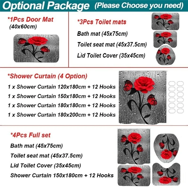 

Red Rose&Butterfly Bathroom Non-slip Mat Set Durable Waterproof Shower Curtain Set Pedestal Rug Lid Toilet Cover Bath Mat Rugs