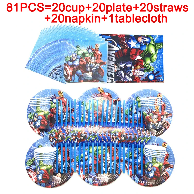 Suministros de fiesta de los Vengadores para ni&ntilde;os, vasos desechables, platos, mantel, vajilla, decoraciones de fiesta de superh&eacute;roes, bandera, 81 Uds.-1