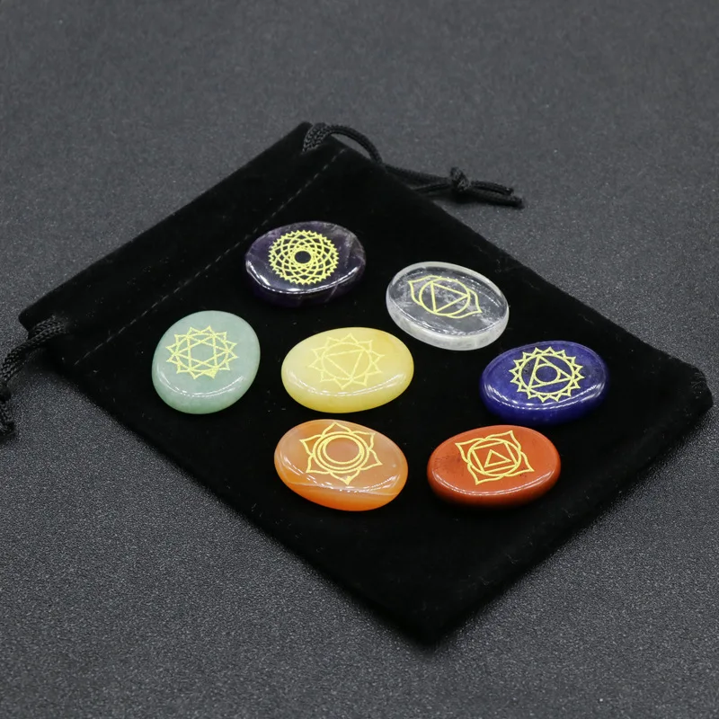 

7Pcs Chakra Stones Reiki Healing Crystal with Engraved Chakra Symbols Holistic Balancing Polished Palm Natural Stones Gift Bag