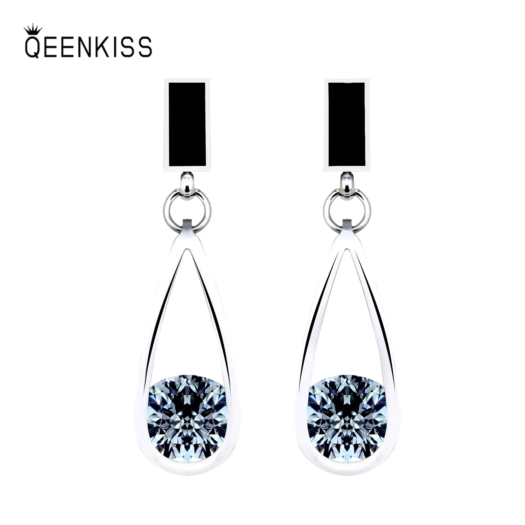 

QEENKISS EG8200 Fine Jewelry Wholesale Fashion Woman Wedding Birthday Gift Oval Zircon Titanium Stainless Steel Stud Earrings