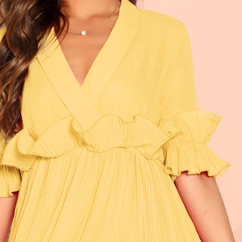 SHEIN Платье На Запах С Глубоким Вырезом И Оборками Сексуальное Платье С Рюшами С Средним Рукавом Женские Летние Платья С Высокой Талией