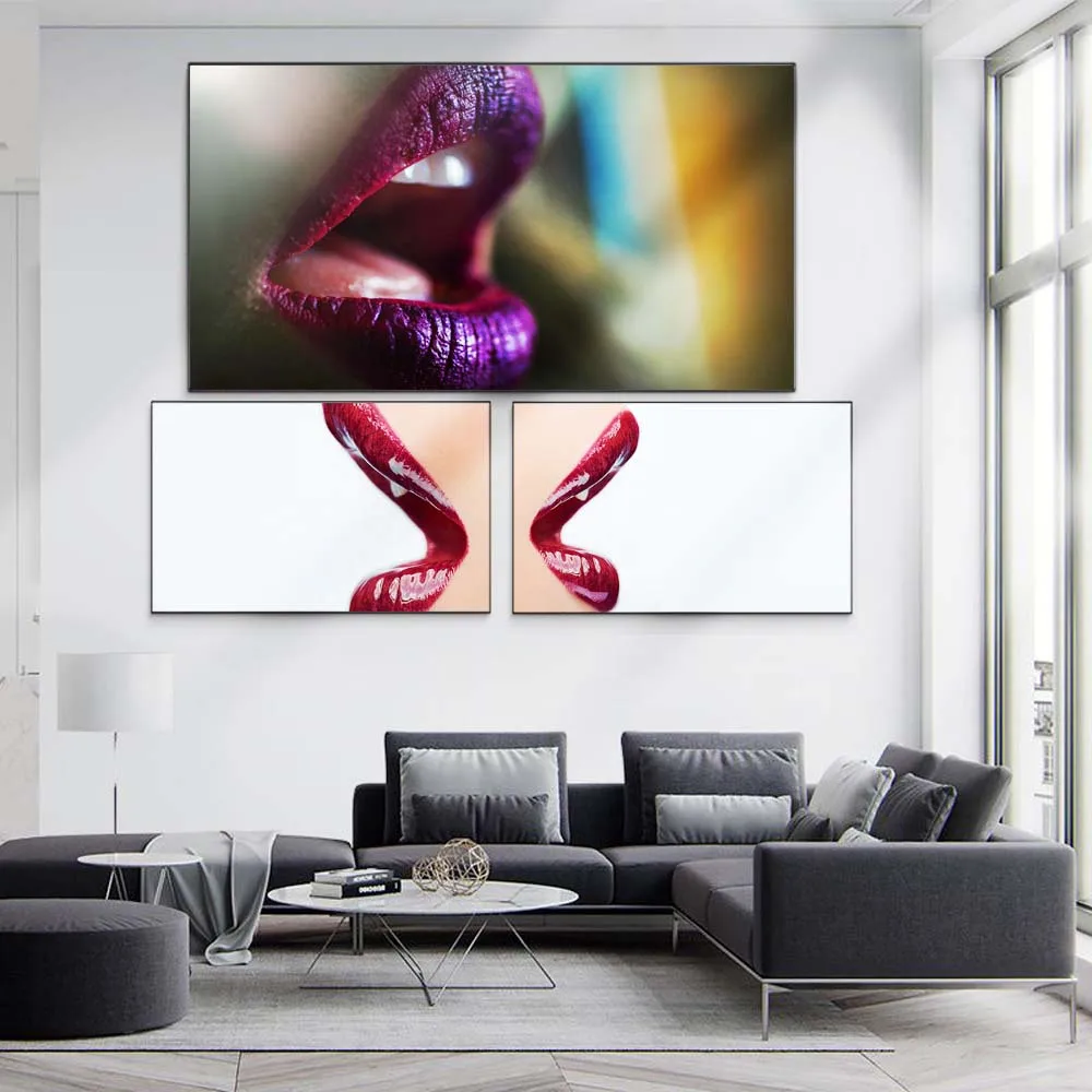 

Figure oil painting face close up purple and cherry lip art canvas drawing living room corridor office home decoration mural