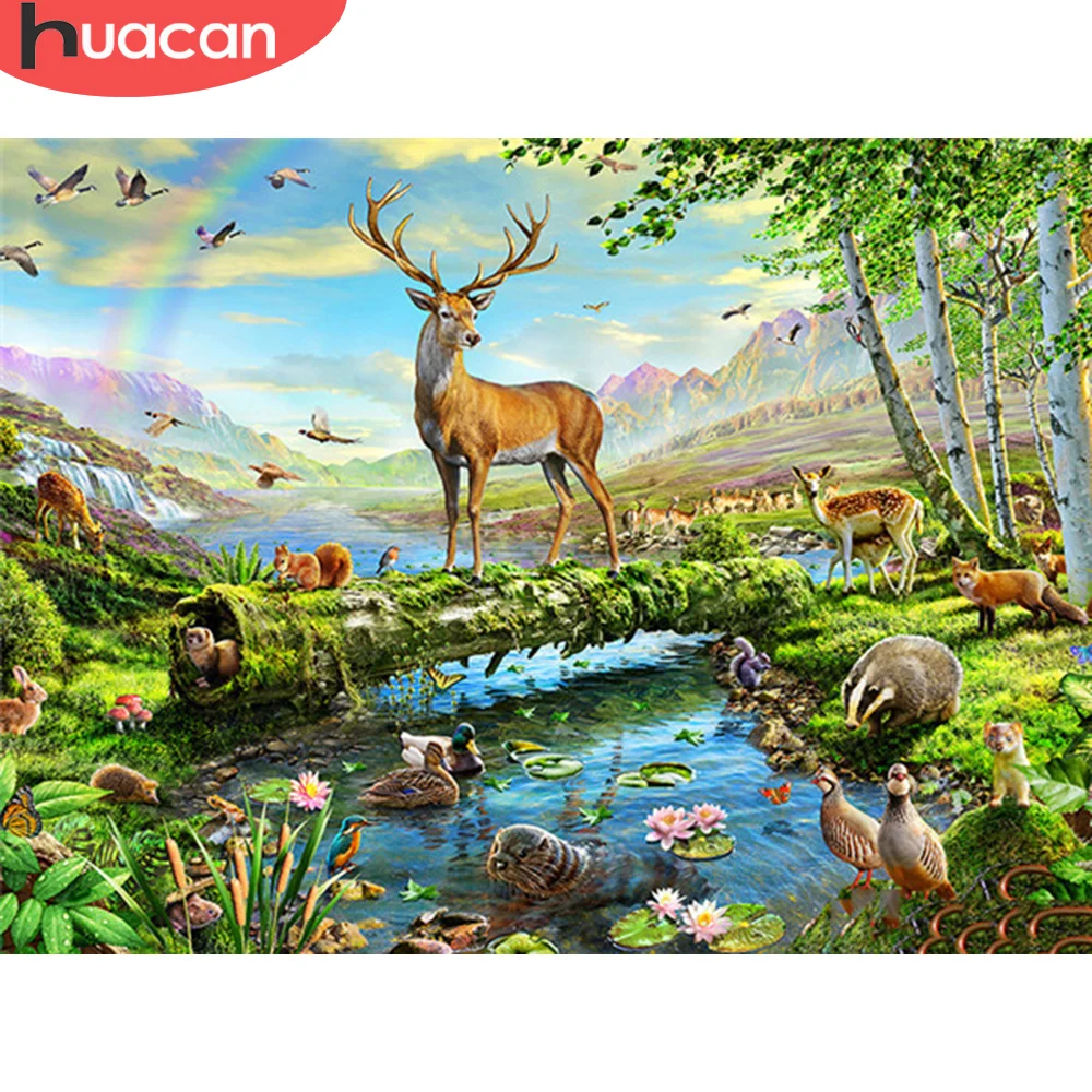 

HUACAN Painting By Numbers Deer Animal Acrylic Paint By Numbers Forest Lake Wall Art Picture Home Decoration 60x75cm DIY Gift