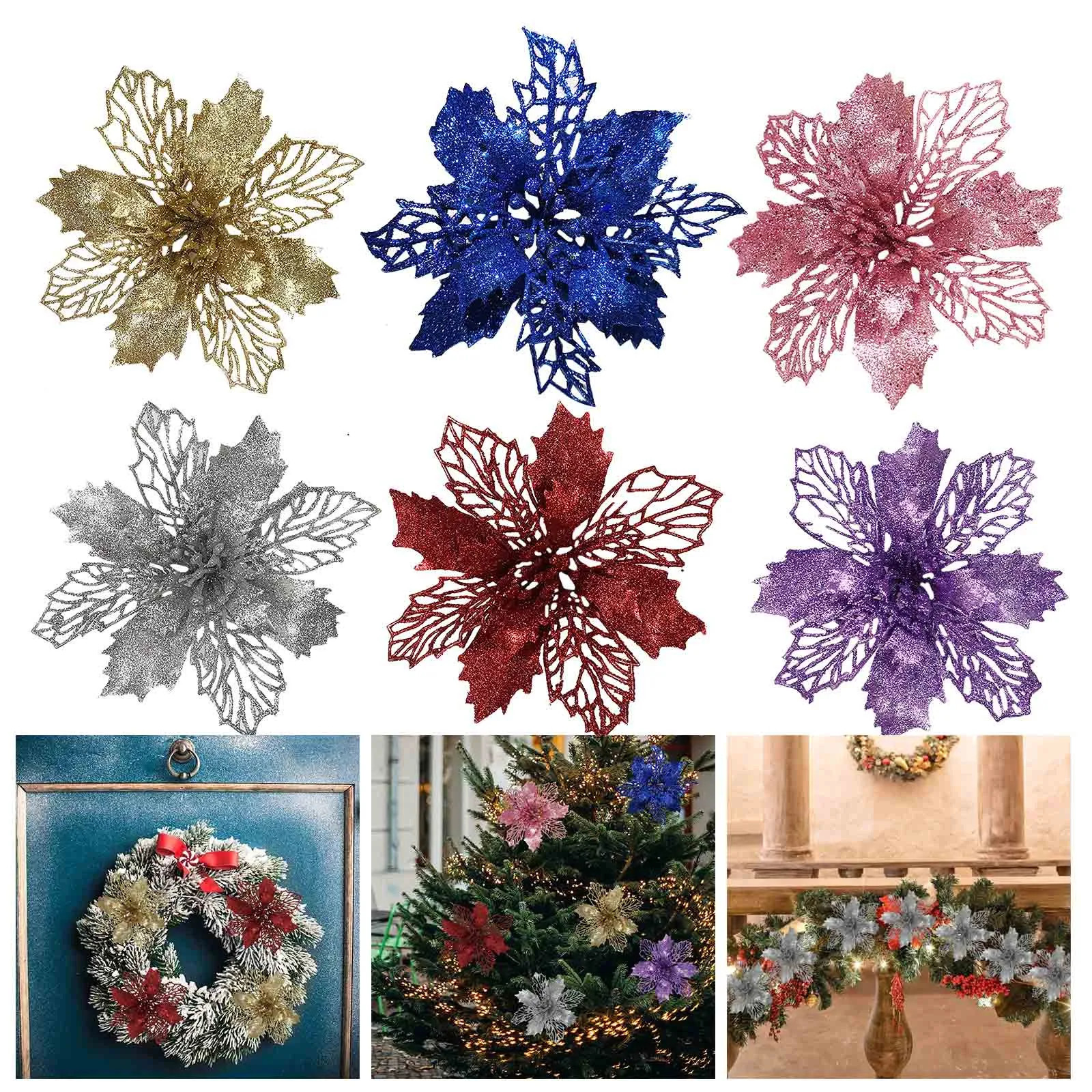 

Рождественские украшения, блестящие искусственные цветы, декор для рождественской елки для вечерние, 2022, новогодние украшения, подарок