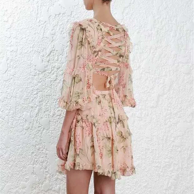

Sexy Open Back Women's Beach Dress 2019 Deep V Neck Back Tie Long Puff Sleeve Mini Print Bandage Ruffles Short Hollow Dress