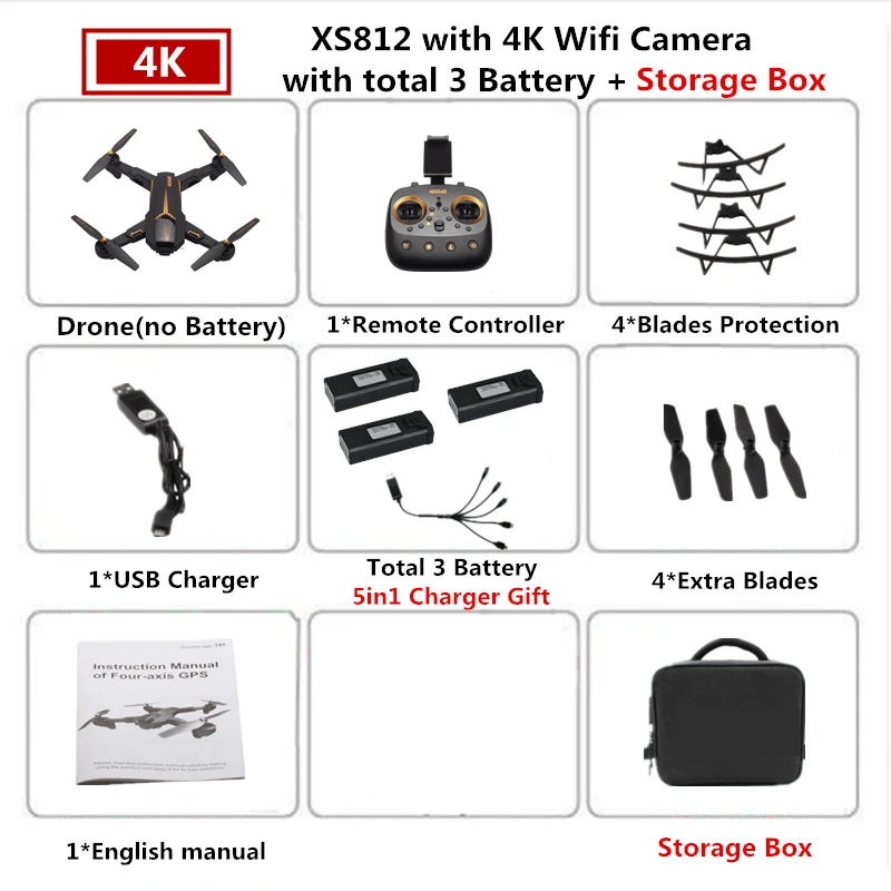 4K 3B Carry Bag VISUO XS812 Радиоуправляемый Дрон с GPS 4K Квадрокоптер с Wi-Fi FPV камера Вертолет 5G следим за мной складной Квадрокоптер VS F11 SG906 B4W E520S - Цвет: 4K 3B Carry Bag