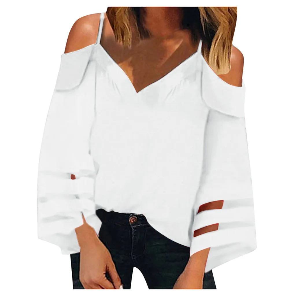 Feitong Sexy Blouse Women Off Shoulder Top Mesh Panel Blouse 3/4 Bell Sleeve Loose Streetwear Top Shirt Women Clothes