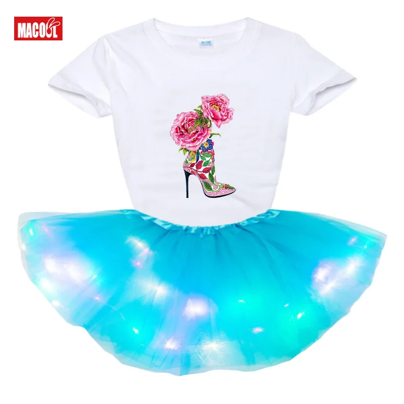 Dress Fashion Light LED Tutu Dress+t Shirt 2 Pcs Set Kids Girls Party Dresses Summer Girl T Shirts Rainbow Tutu Dress T Shirt