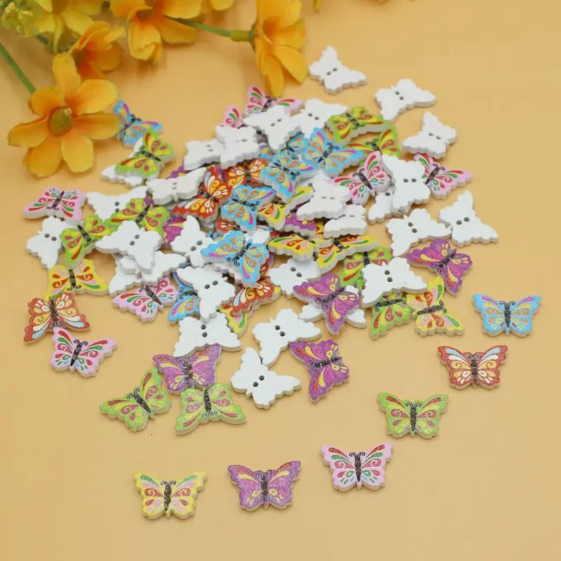 

50 or 100pcs small butterfly Buttons wood mix color 12mm*18mm Flat Back Decorative Scrapbook Sewing Supplies accessories